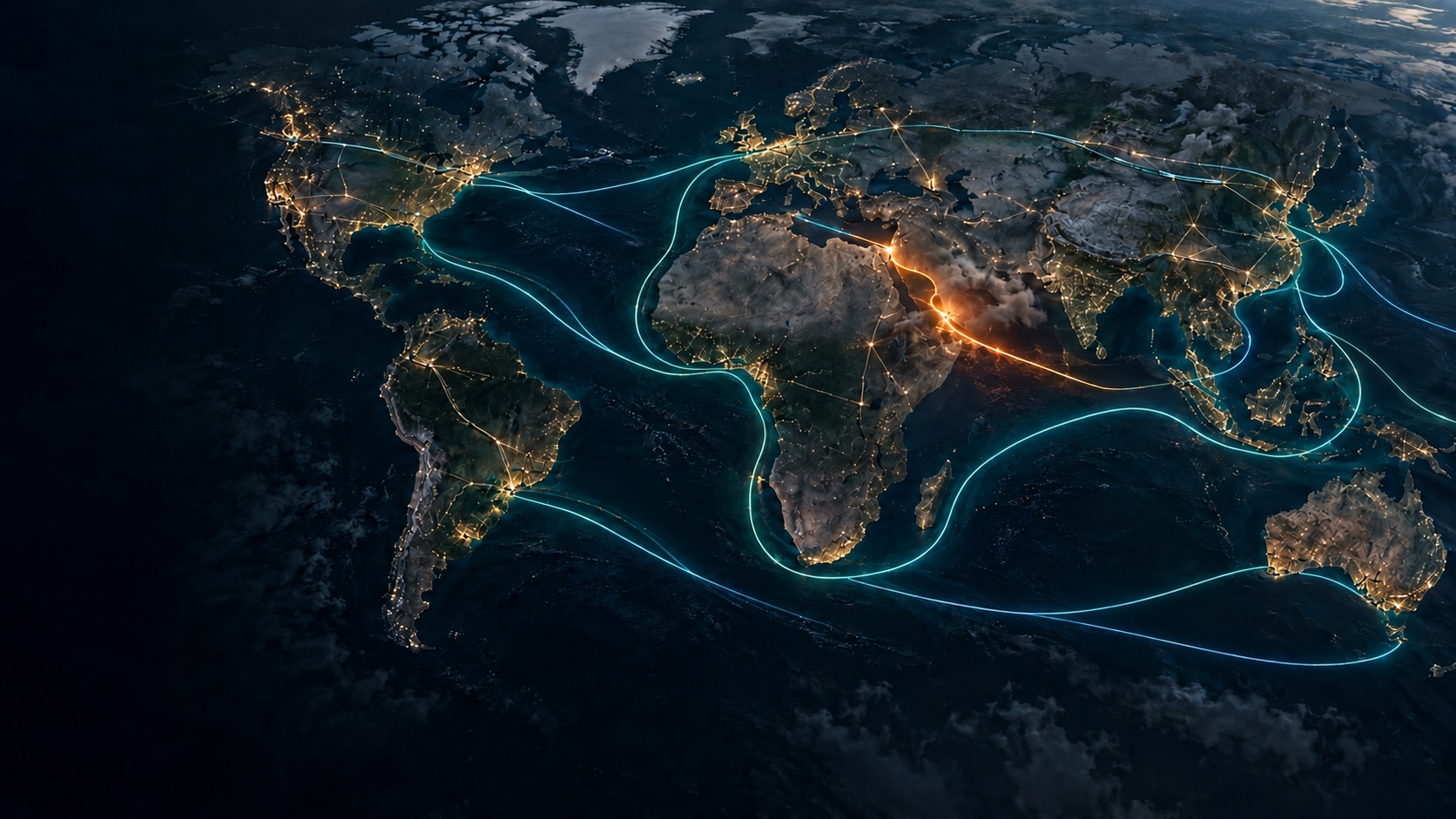 Global maritime and inland supply chain routes continuing around a contained disruption zone.